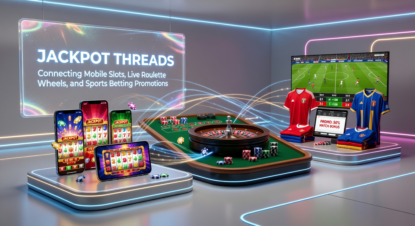 Detaillierte Grafik eines Live-Roulette-Rads, das mit Slot-Symbolen und Sportwetten-Icons durch Jackpot-Fäden verbunden ist